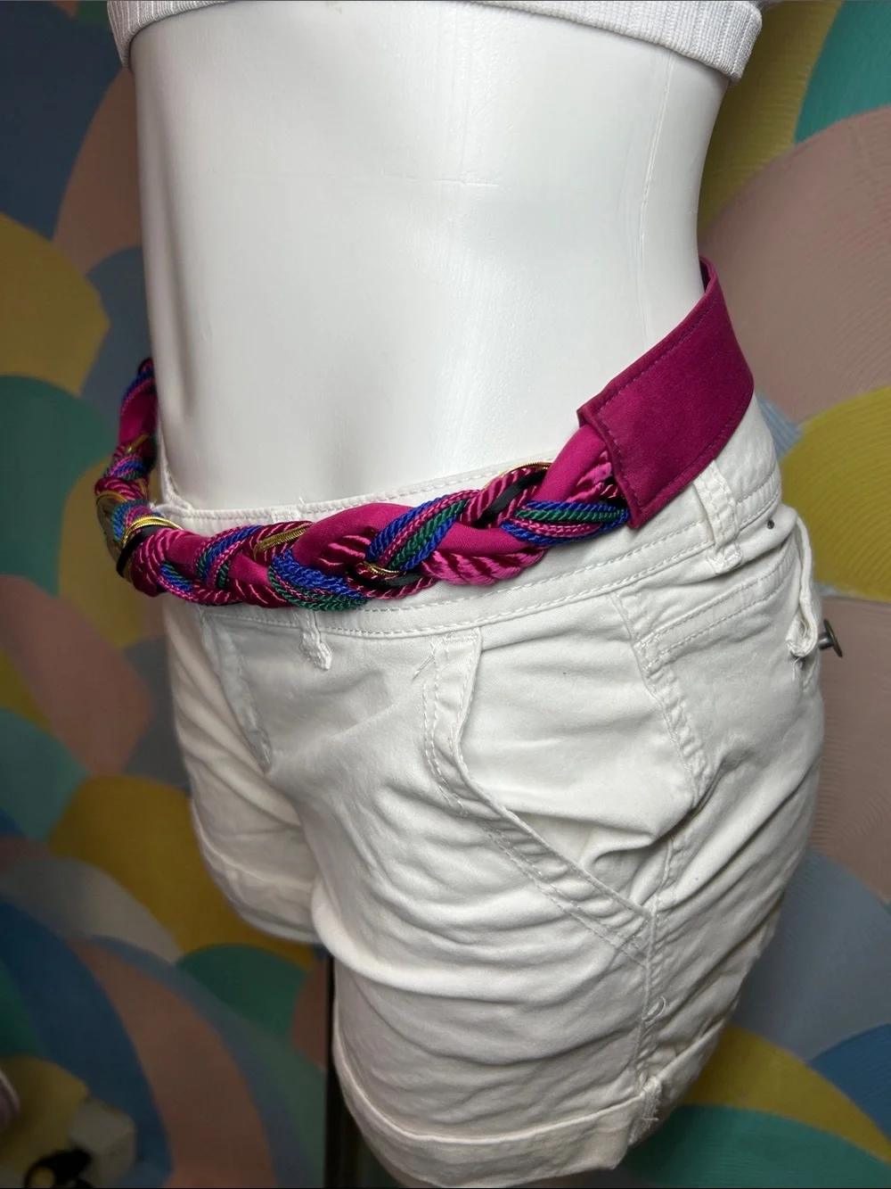 Vintage 1980s Ginnie Johansen Braided Fuchsia Multicolor Rope Belt Gold-Tone